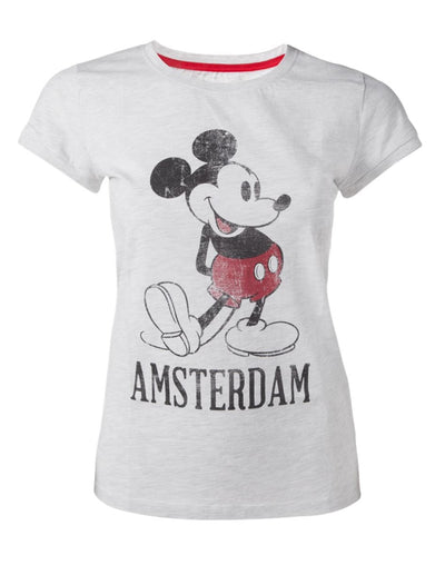 UK M/ US S Official Disney Mickey Mouse Grey Vintage Look Amsterdam Women's T-shirt UK M / US S