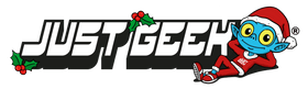 Logo of 'Just Geek' with a character wearing a Santa hat and holly decorations.