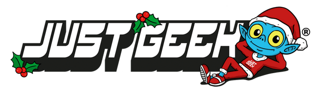 Logo of 'Just Geek' with a character wearing a Santa hat and holly decorations.